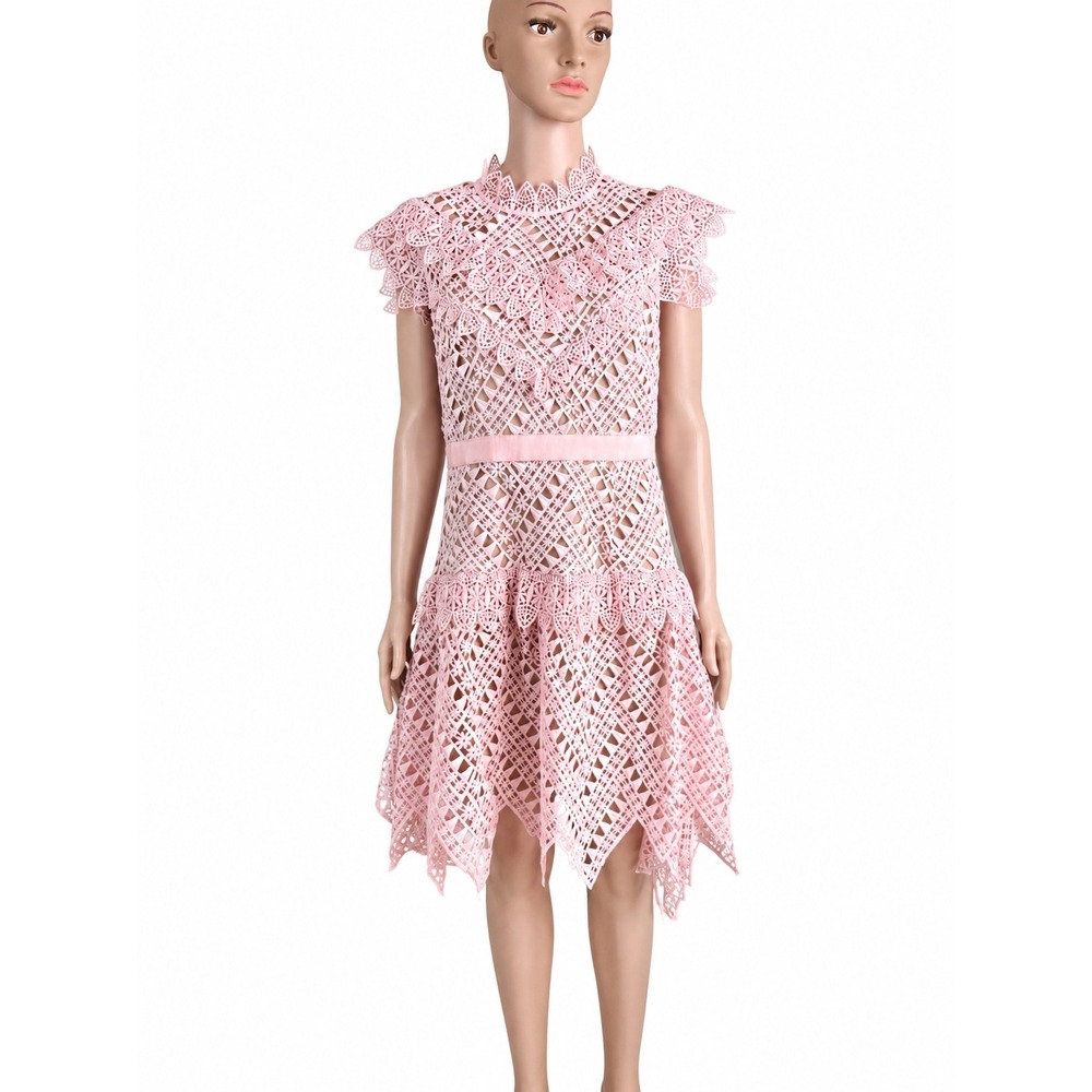 Self-Portrait Abstract Triangle Lace Pink High Neck Mini Dress US 10 UK 14